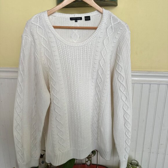 Jeanne Pierre XXL Vintage 90s White Knit Sweater 100% Cotton Crewneck Cable - Picture 1 of 6